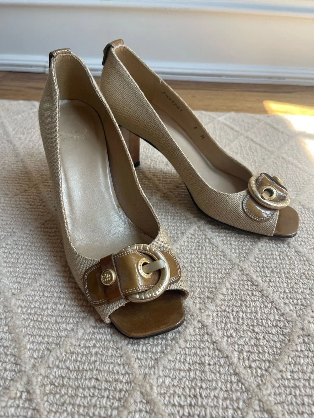Stuart Weitzman Taupe Linen Peep-Toe Heels with Gold Buckle